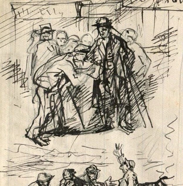 Genre Scene, Boat, Sketch Figures Drawing Vintage Ink Original - 7