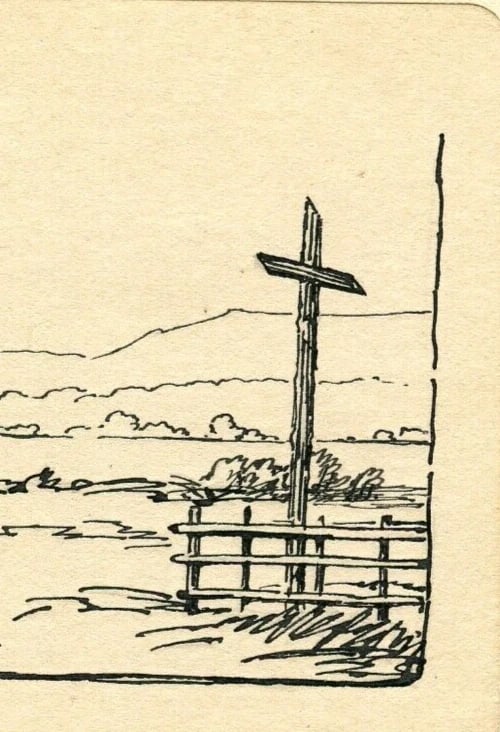 Early 20th French Ink Drawing Landscape, Hill, Cross, Barrier Signed 1917 - 3