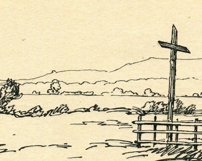 Early 20th French Ink Drawing Landscape, Hill, Cross, Barrier Signed 1917 - 6