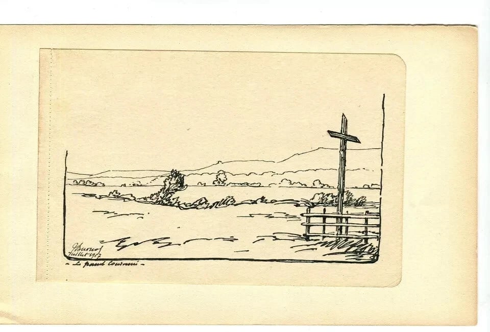 Early 20th French Ink Drawing Landscape, Hill, Cross, Barrier Signed 1917 - 8