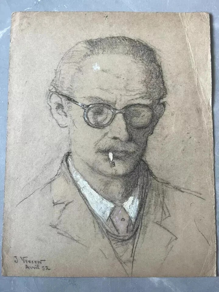 French Pencil Drawing Man Portrait Smocking Signed Antique Original - 2