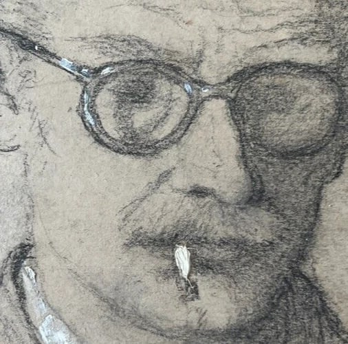 French Pencil Drawing Man Portrait Smocking Signed Antique Original - 3