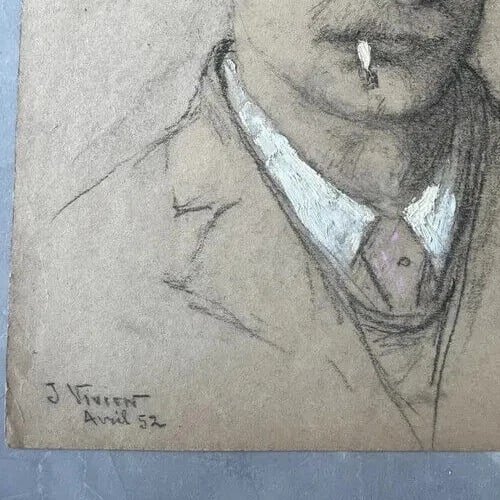 French Pencil Drawing Man Portrait Smocking Signed Antique Original - 6