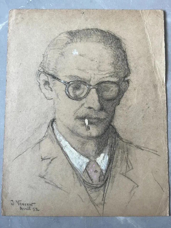 French Pencil Drawing Man Portrait Smocking Signed Antique Original - 7
