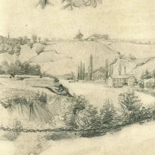 French Pencil Drawing Landscape Lignon, Geneva Antique Original - 3