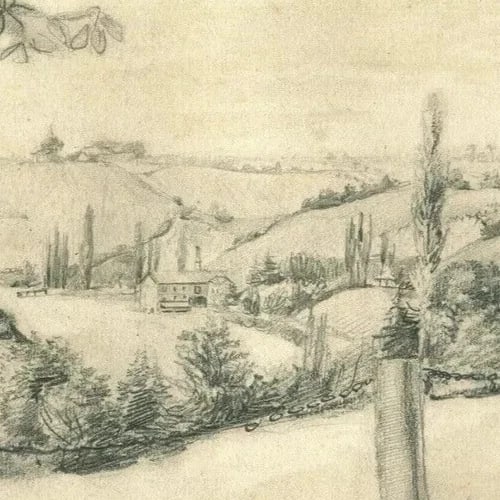 French Pencil Drawing Landscape Lignon, Geneva Antique Original - 4
