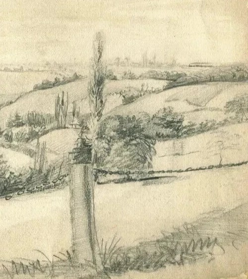 French Pencil Drawing Landscape Lignon, Geneva Antique Original - 5