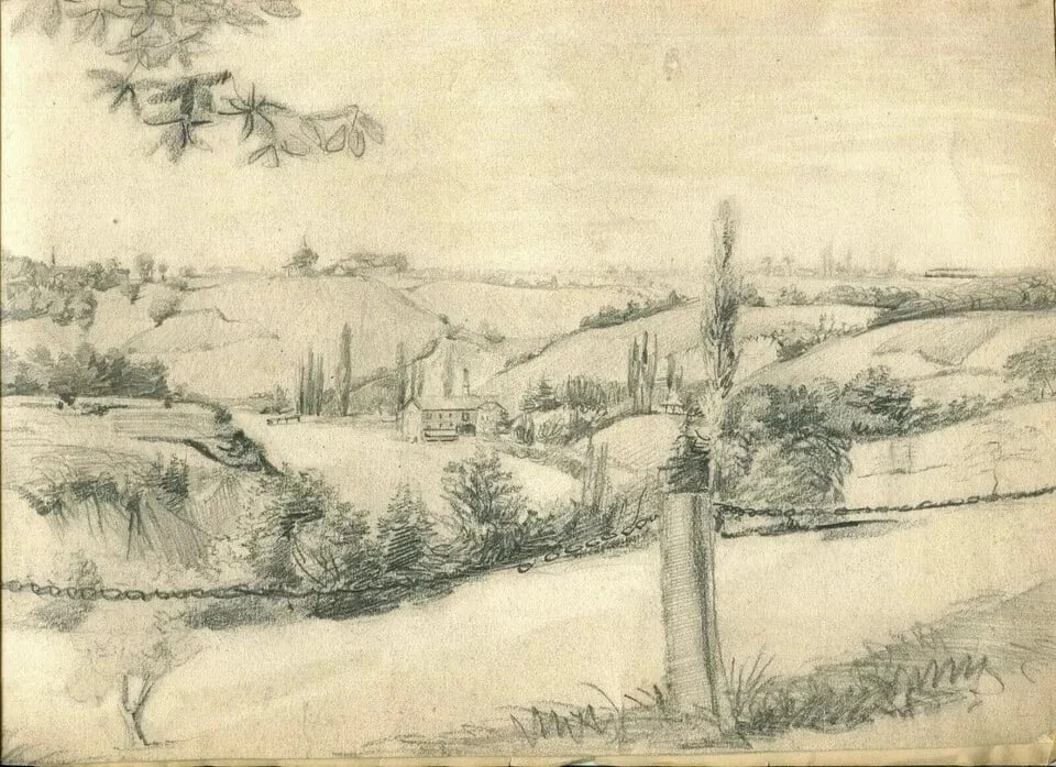 French Pencil Drawing Landscape Lignon, Geneva Antique Original - 6
