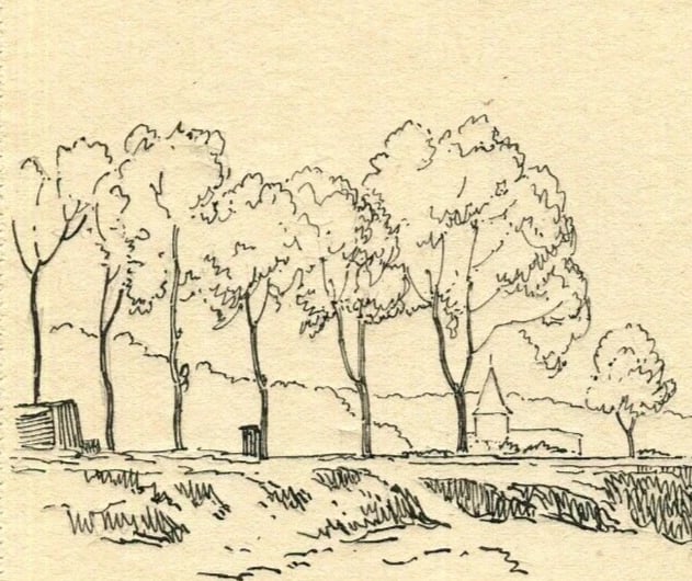 French Pencil Drawing Landscape Aingeray, Path next to the Canal - 3