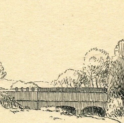 French Pencil Drawing Landscape Aingeray, Path next to the Canal - 4