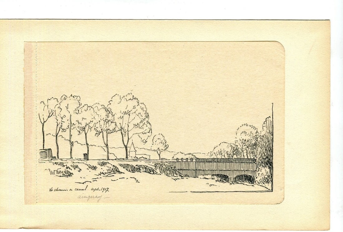 French Pencil Drawing Landscape Aingeray, Path next to the Canal - 5