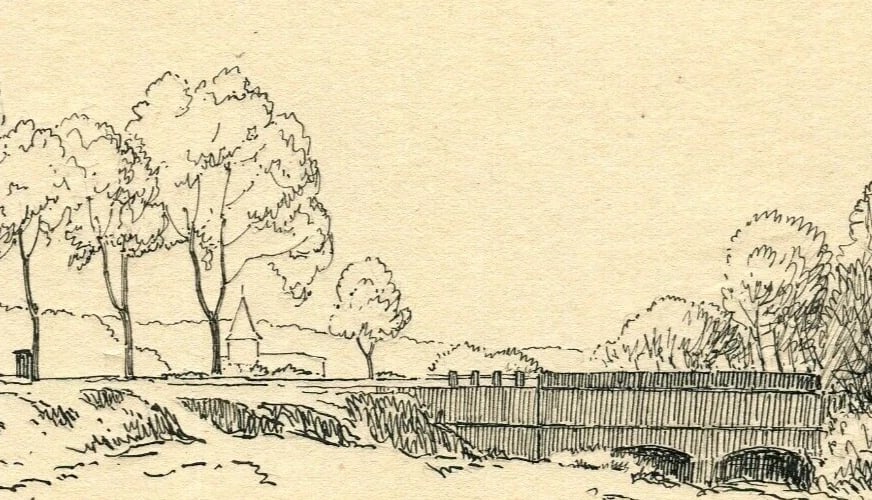 French Pencil Drawing Landscape Aingeray, Path next to the Canal - 6