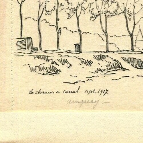 French Pencil Drawing Landscape Aingeray, Path next to the Canal - 7