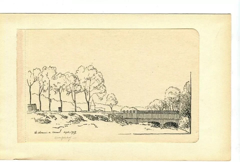 French Pencil Drawing Landscape Aingeray, Path next to the Canal - 8