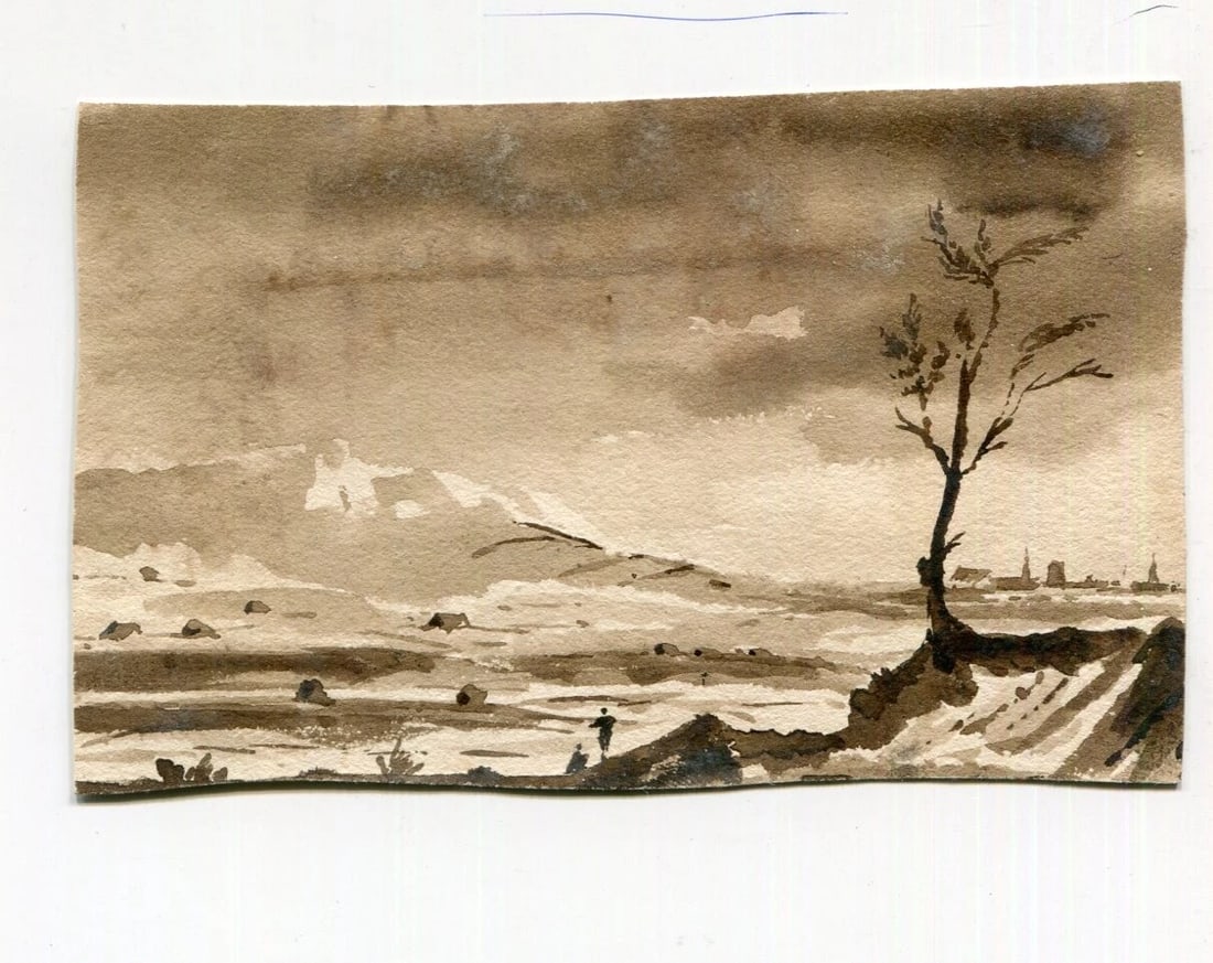 French Ink Drawing Landscape, Boat, Seascape Antique Original 19th century - 2
