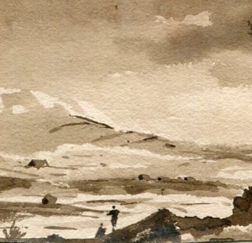 French Ink Drawing Landscape, Boat, Seascape Antique Original 19th century - 4