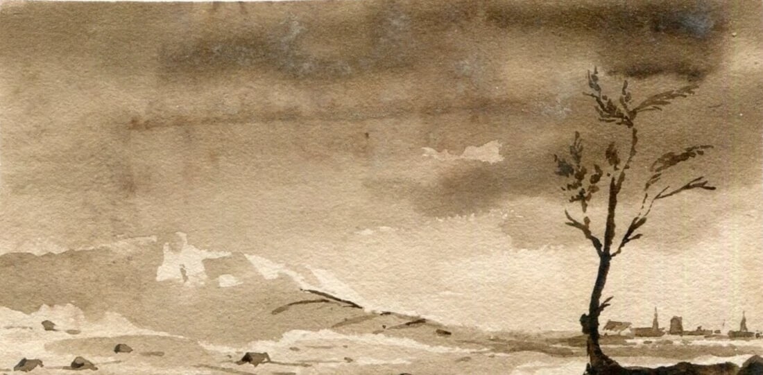 French Ink Drawing Landscape, Boat, Seascape Antique Original 19th century - 7