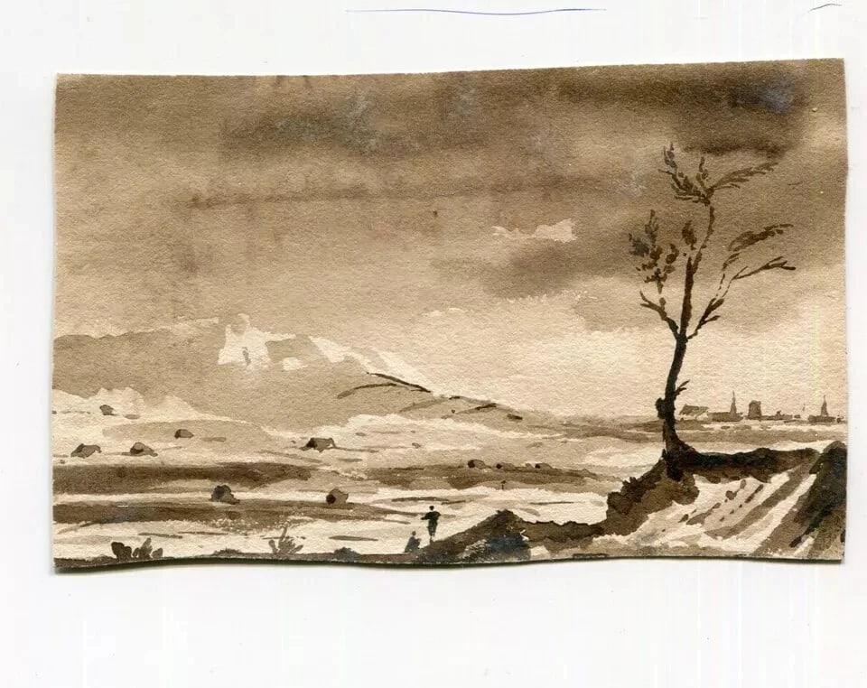 French Ink Drawing Landscape, Boat, Seascape Antique Original 19th century - 8
