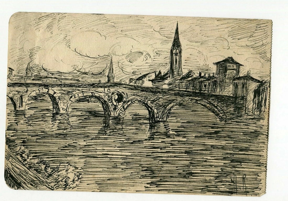 1923 Dated French Ink Drawing Village, Church Landscape Antique Original - 3