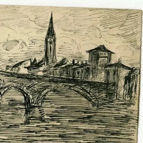 1923 Dated French Ink Drawing Village, Church Landscape Antique Original - 4