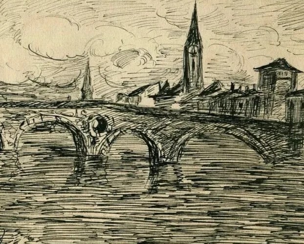 1923 Dated French Ink Drawing Village, Church Landscape Antique Original - 6