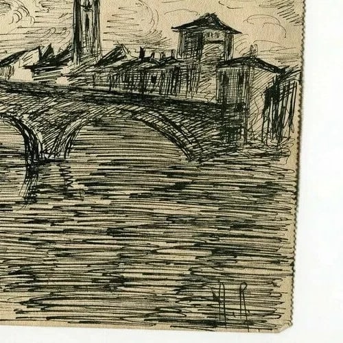 1923 Dated French Ink Drawing Village, Church Landscape Antique Original - 7