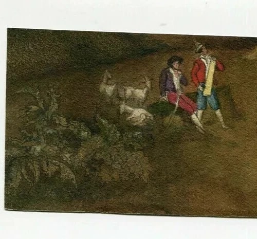 French Pencil Drawing Dancing People with Dog and Goats Antique - 3