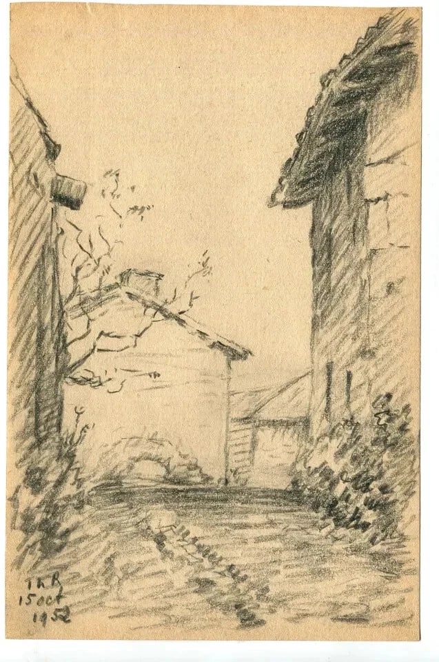 French Pencil Drawing Village, Landscape, Building Antique Original - 2
