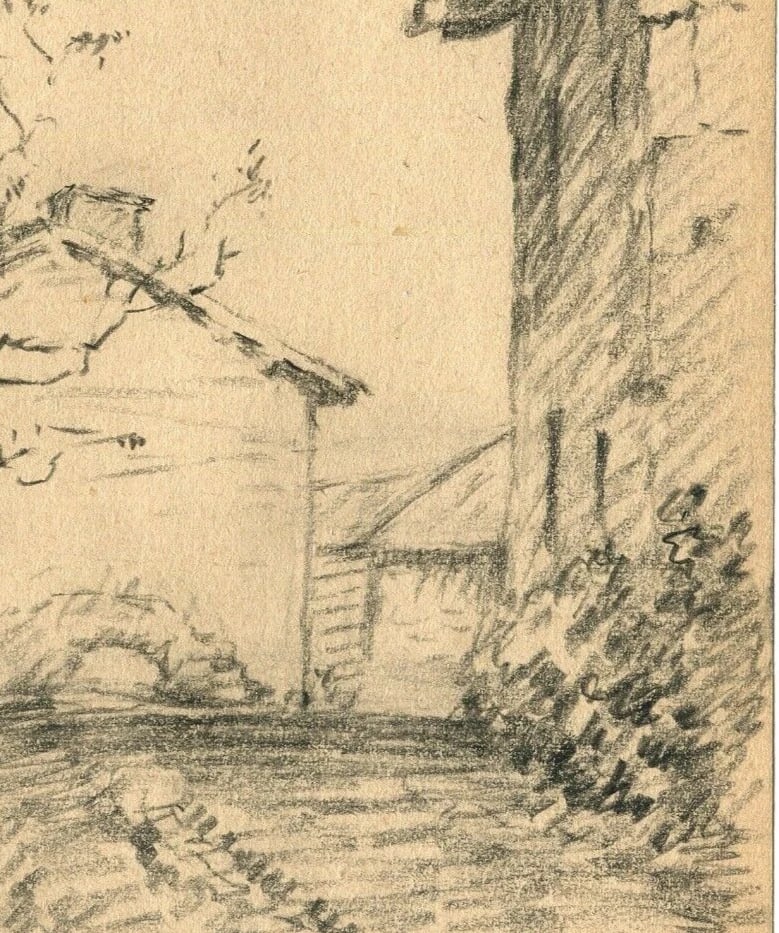 French Pencil Drawing Village, Landscape, Building Antique Original - 4