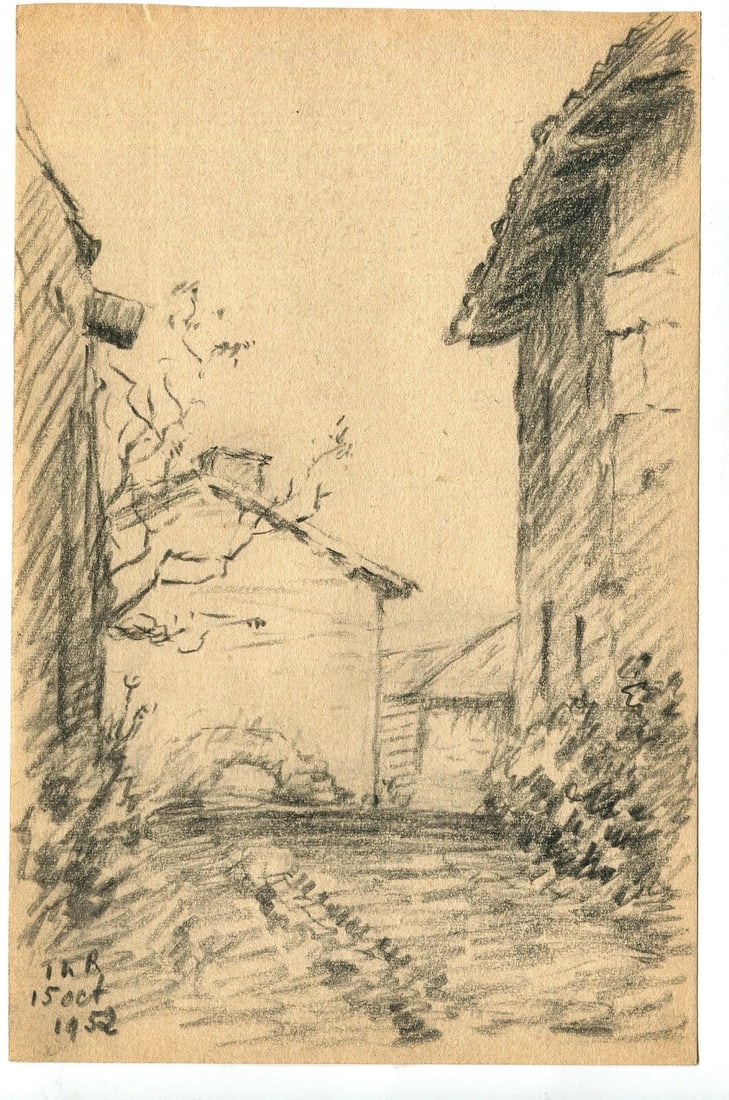 French Pencil Drawing Village, Landscape, Building Antique Original - 5