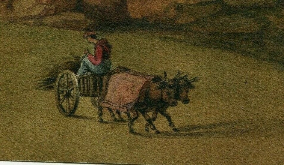 19th century Farmer with Beefs - Drawing Antique Original