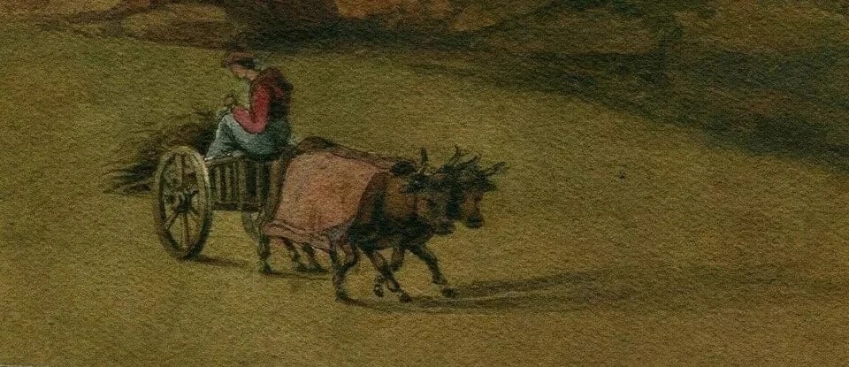 19th century Farmer with Beefs - Drawing Antique Original - 6