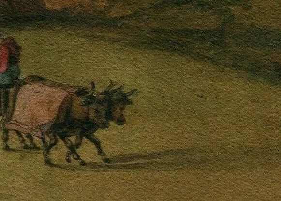 19th century Farmer with Beefs - Drawing Antique Original - 7