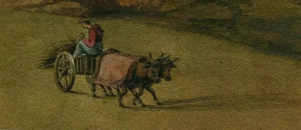 19th century Farmer with Beefs - Drawing Antique Original - 8