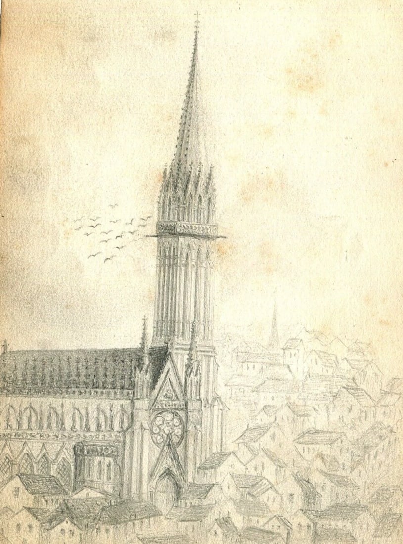 French Pencil Drawing Landscape St Pierre de Caen Church Antique