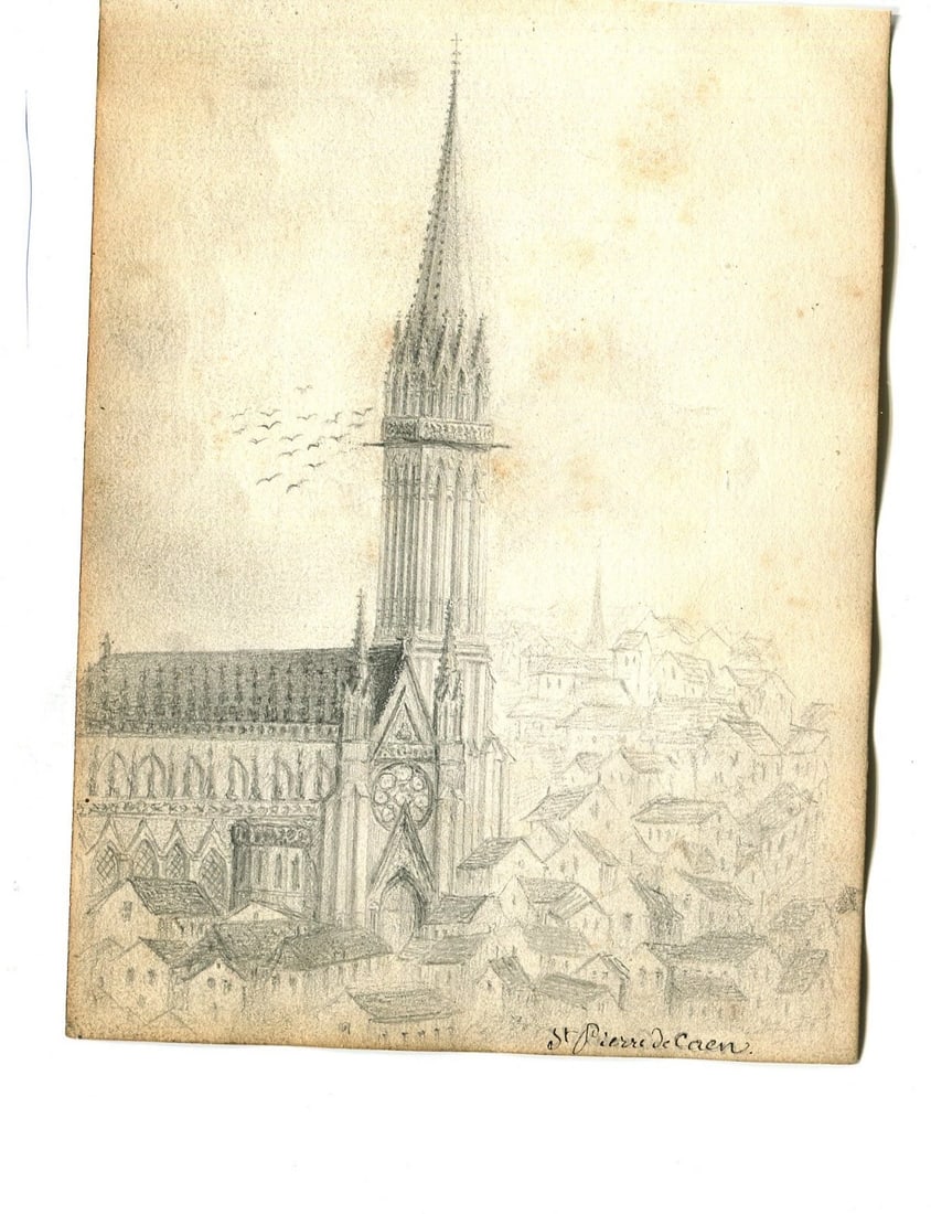 French Pencil Drawing Landscape St Pierre de Caen Church Antique - 2