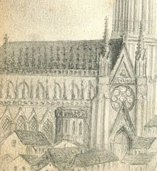 French Pencil Drawing Landscape St Pierre de Caen Church Antique - 3