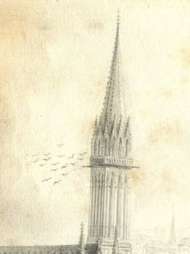 French Pencil Drawing Landscape St Pierre de Caen Church Antique - 4