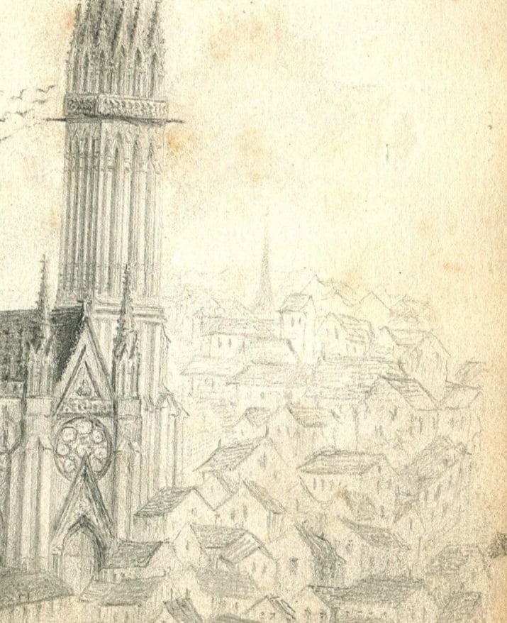 French Pencil Drawing Landscape St Pierre de Caen Church Antique - 6