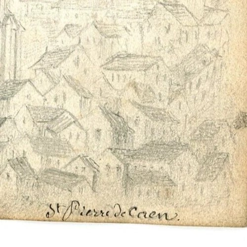 French Pencil Drawing Landscape St Pierre de Caen Church Antique - 7
