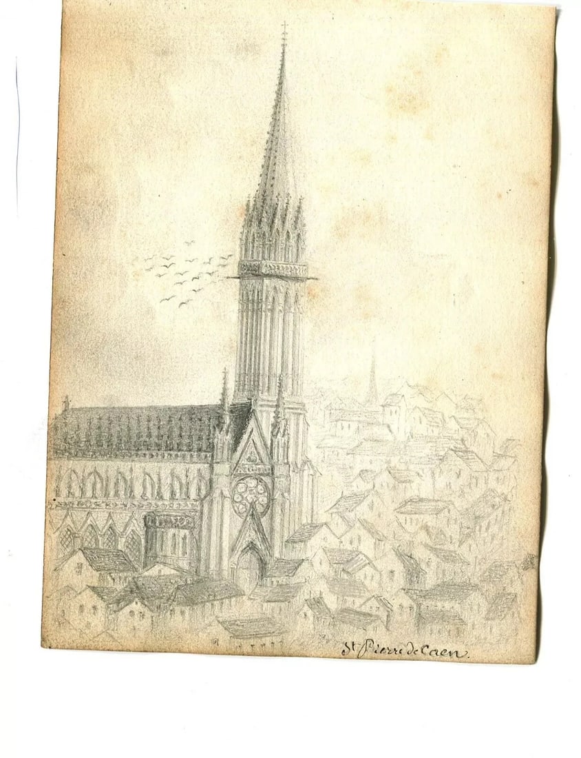 French Pencil Drawing Landscape St Pierre de Caen Church Antique - 8