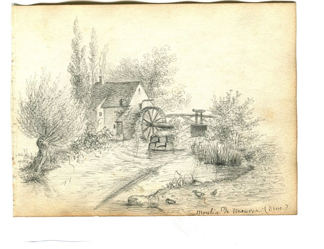 French Pencil Drawing Landscape Mill Mauves, Orne Antique Original - 2