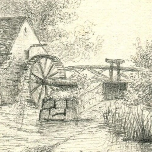 French Pencil Drawing Landscape Mill Mauves, Orne Antique Original - 3