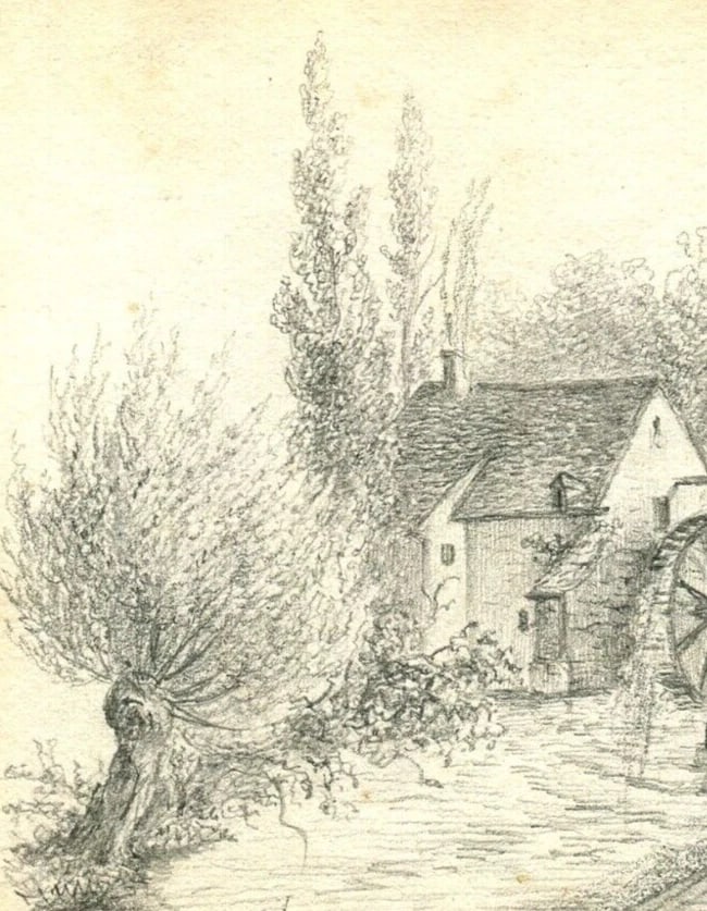 French Pencil Drawing Landscape Mill Mauves, Orne Antique Original - 4