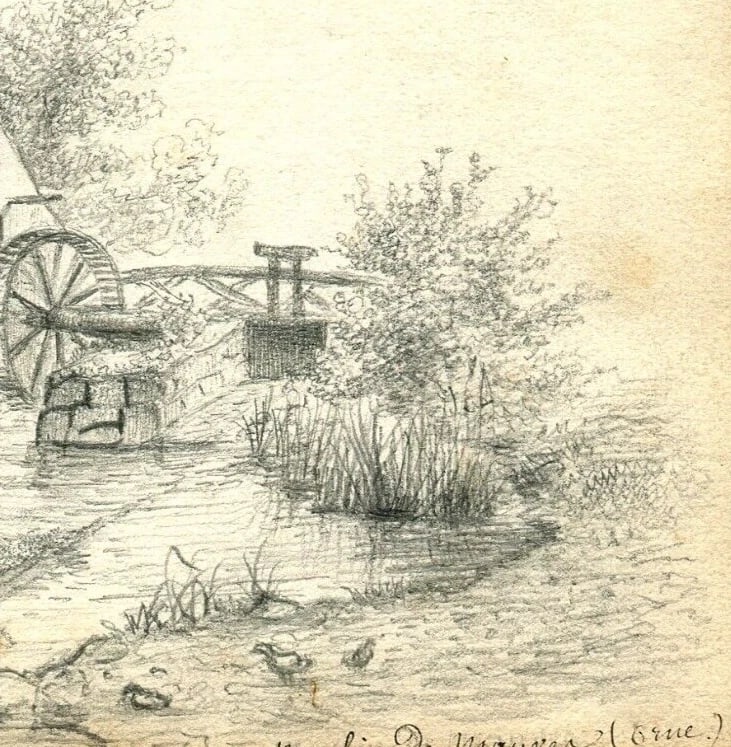 French Pencil Drawing Landscape Mill Mauves, Orne Antique Original - 6