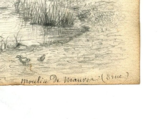 French Pencil Drawing Landscape Mill Mauves, Orne Antique Original - 7
