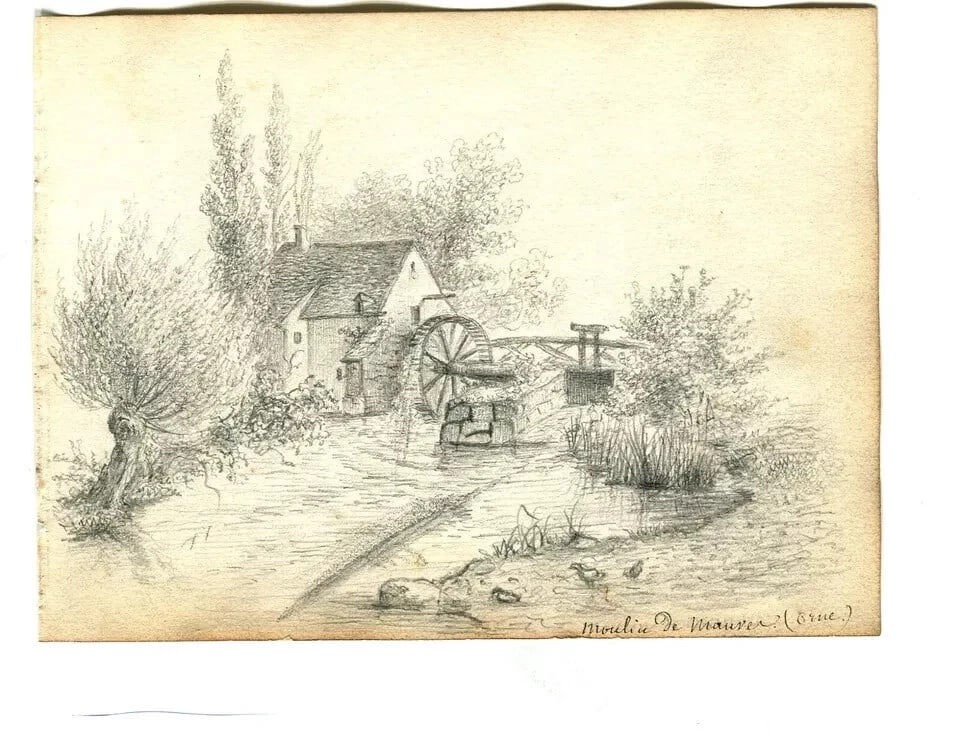 French Pencil Drawing Landscape Mill Mauves, Orne Antique Original - 8