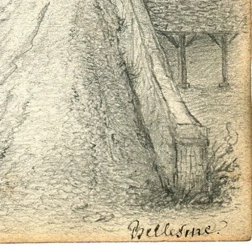 French Pencil Drawing Village Landscape Antique Original 19th century - 5