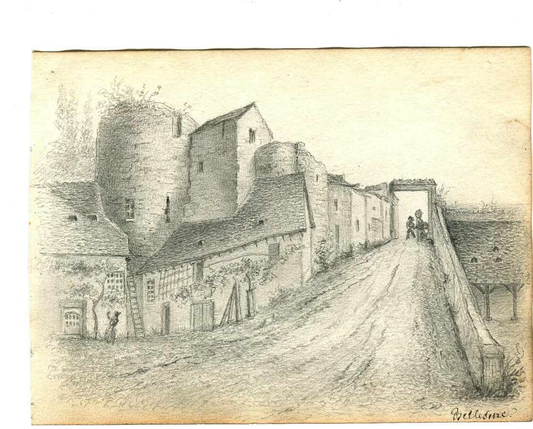 French Pencil Drawing Village Landscape Antique Original 19th century - 6