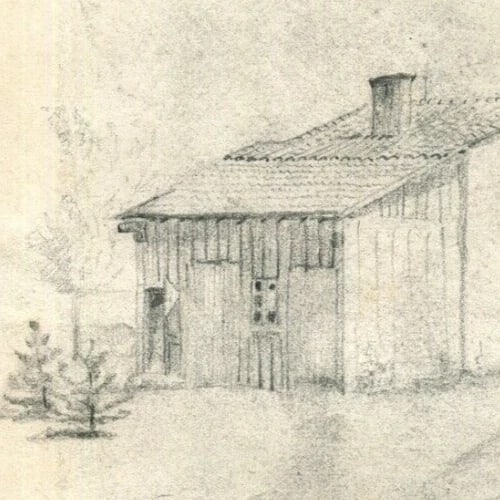 19th century of a House in 1885 Artwork - Antique Pencil Drawing Original - 2